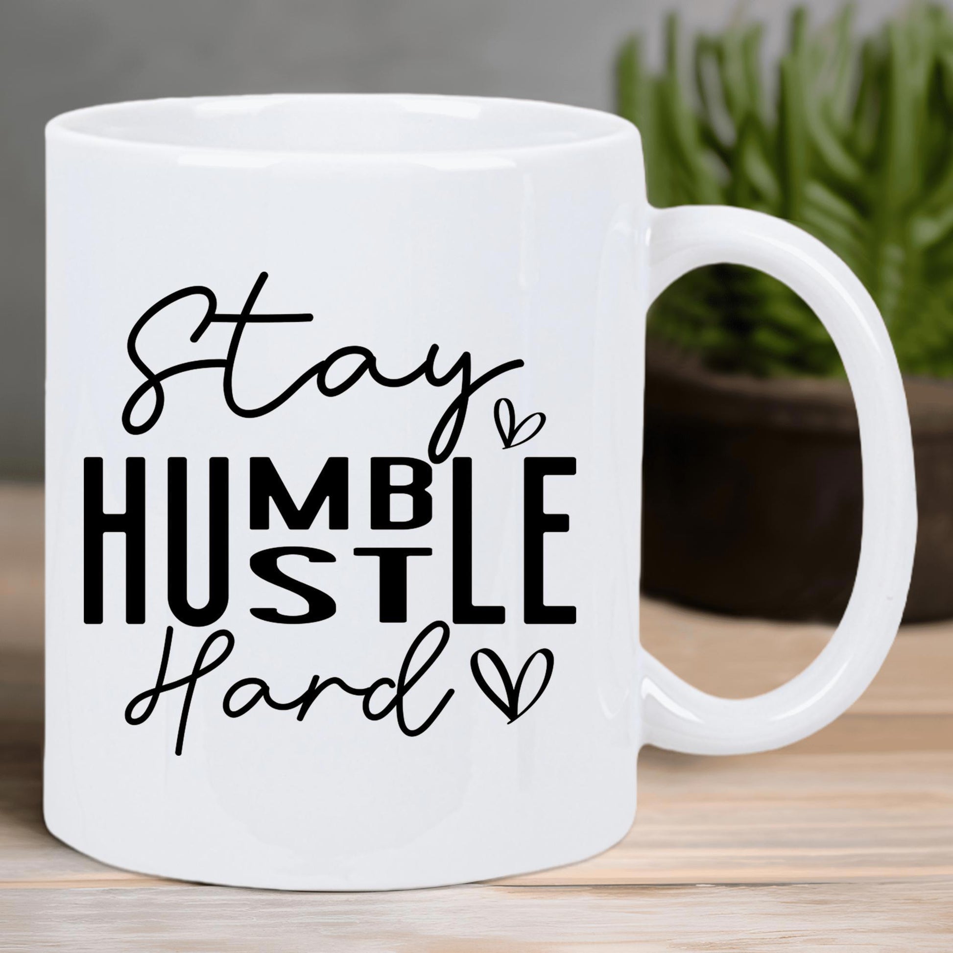 Tailorly White Ceramic 11 oz Mug - Stay Humble Hustle Hard Minimalist Hand Drawn Hearts Beside Bold Script Motivational Typography Mug