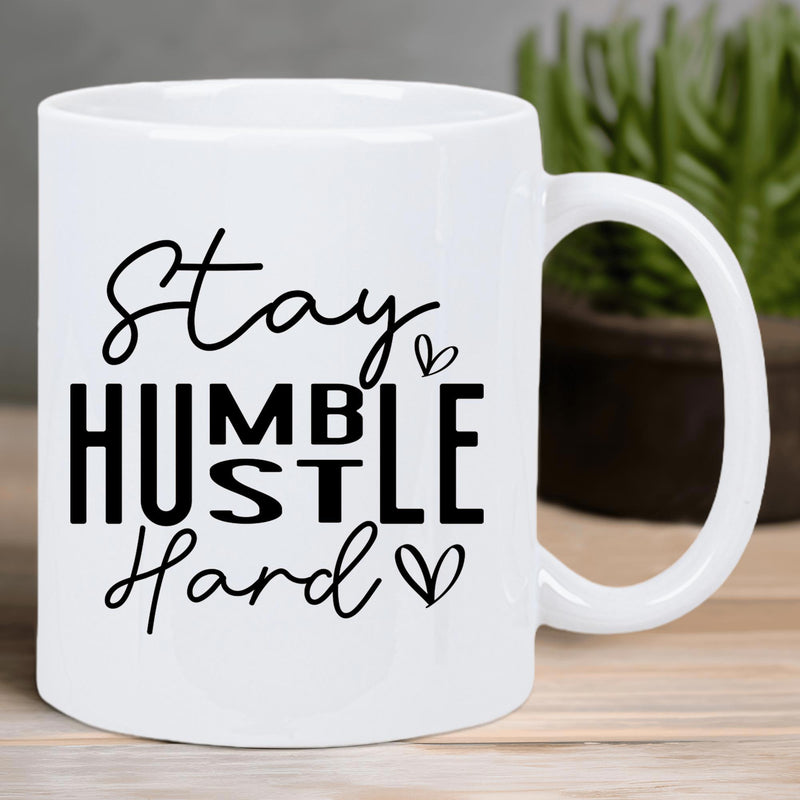 Tailorly White Ceramic 11 oz Mug - Stay Humble Hustle Hard Minimalist Hand Drawn Hearts Beside Bold Script Motivational Typography Mug