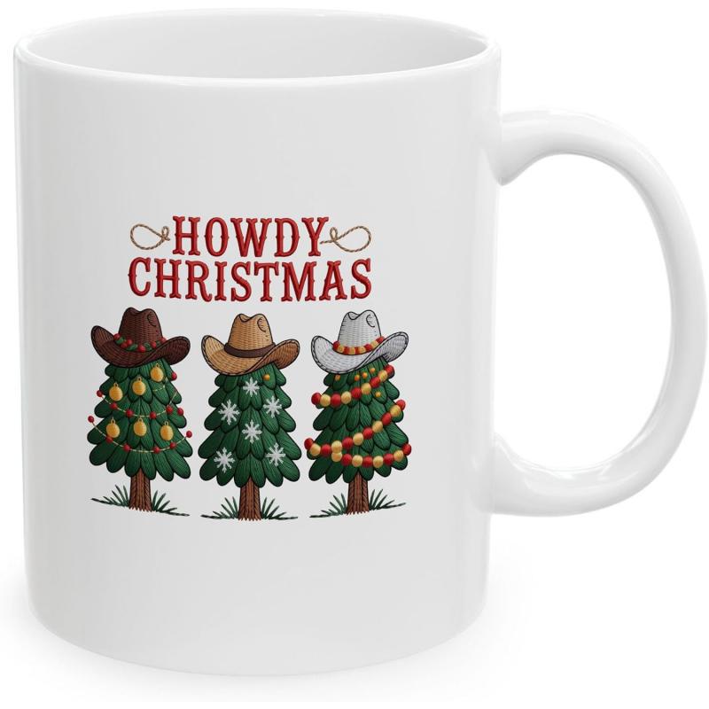 Tailorly White Ceramic 11 oz Mug - Howdy Christmas Festive Christmas Trees Wearing Western Style Cowboy Hats With Decorative Holiday Ornaments Tree