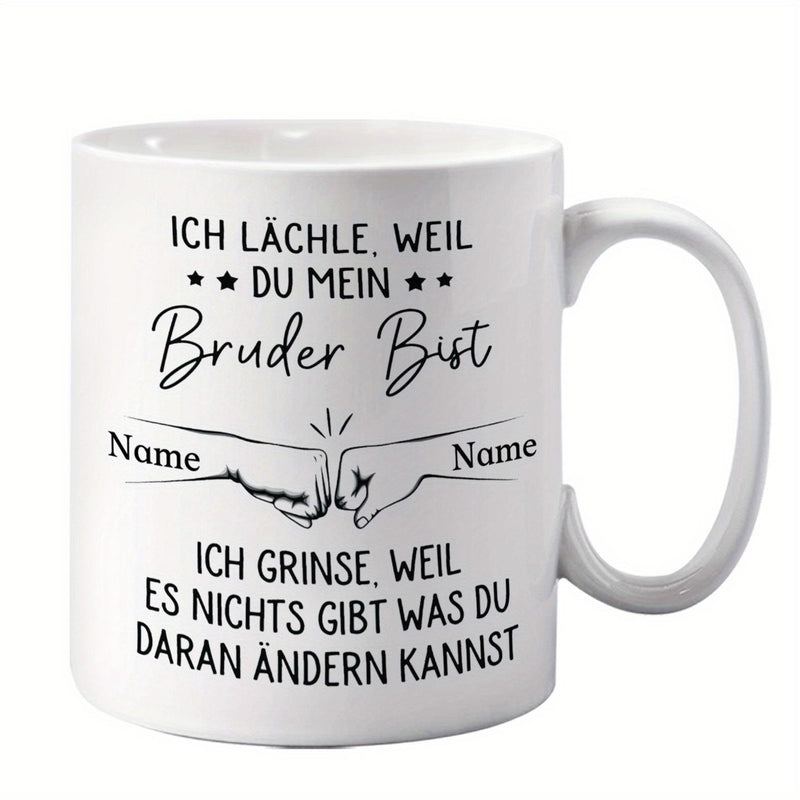 Tailorly White Ceramic 11 oz Mug - Name Minimalist Black And White Line Art Featuring Two Hands In A Friendly Fist Bump