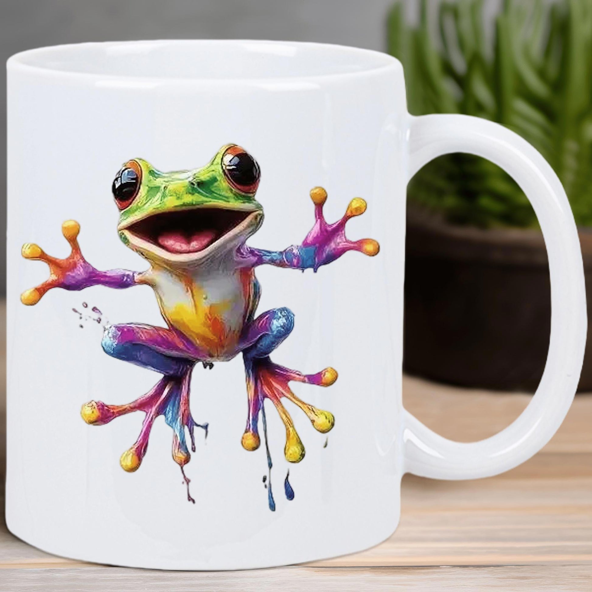 Tailorly White Ceramic 11 oz Mug - Vibrant Colorful Watercolor Splatter Style Hopping With Large Eyes Joyful Frog