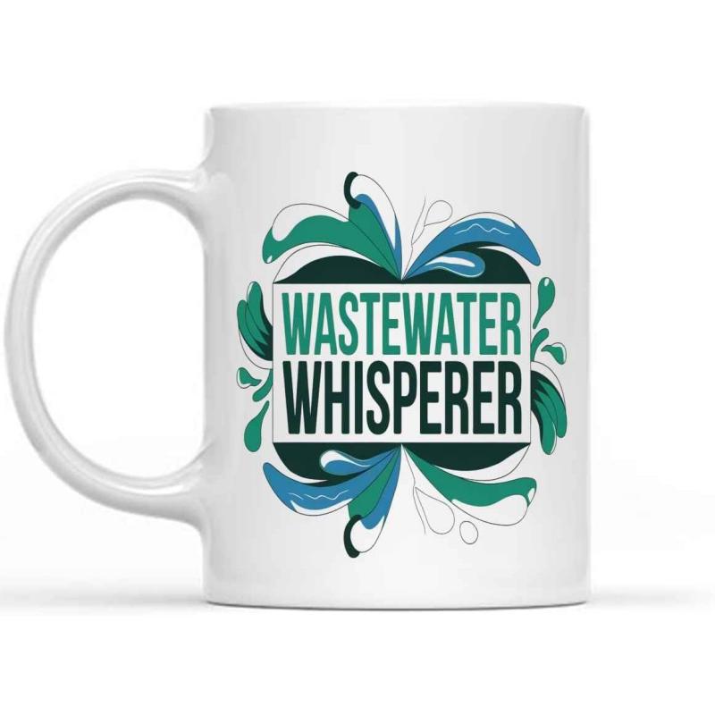 Tailorly White Ceramic 11 oz Mug - Wastewater Whisperer Stylized Water Splashes And Liquid Droplets Surrounding Central Text Pattern Splash