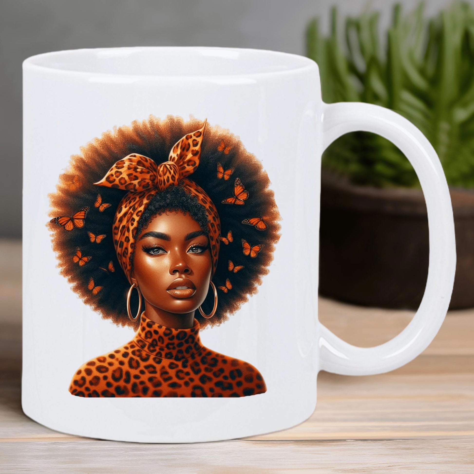 Tailorly White Ceramic 11 oz Mug - Graceful African Beauty With Leopard Pattern Headband And Butterflies Among Afro Woman