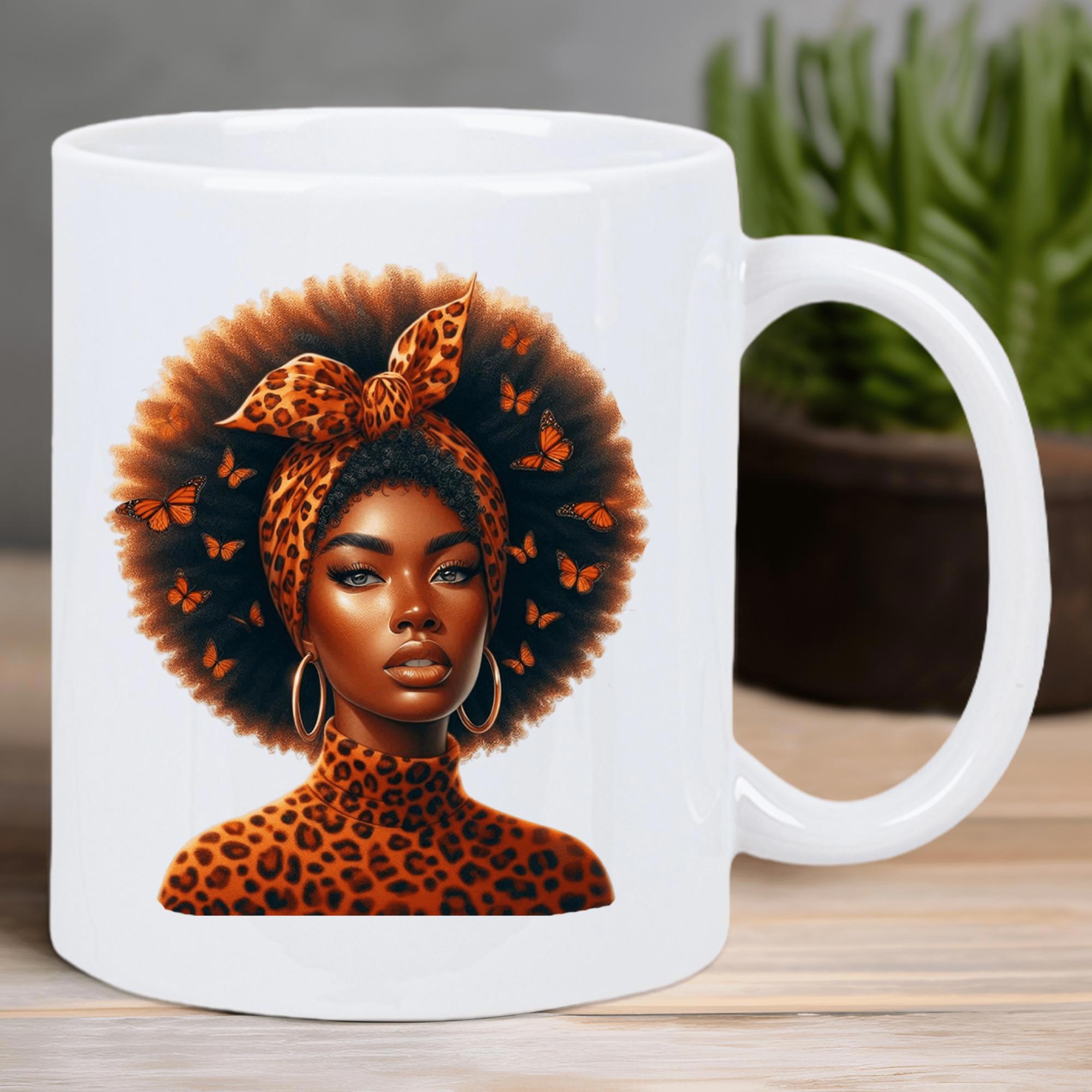 Tailorly White Ceramic 11 oz Mug - Graceful African Beauty With Leopard Pattern Headband And Butterflies Among Afro Woman
