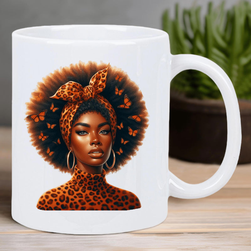 Tailorly White Ceramic 11 oz Mug - Graceful African Beauty With Leopard Pattern Headband And Butterflies Among Afro Woman