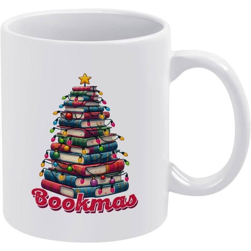 Tailorly White Ceramic 11 oz Mug - Bookmas Colorful Stacked Books Decorated With Twinkling String Lights And Golden Star Tree