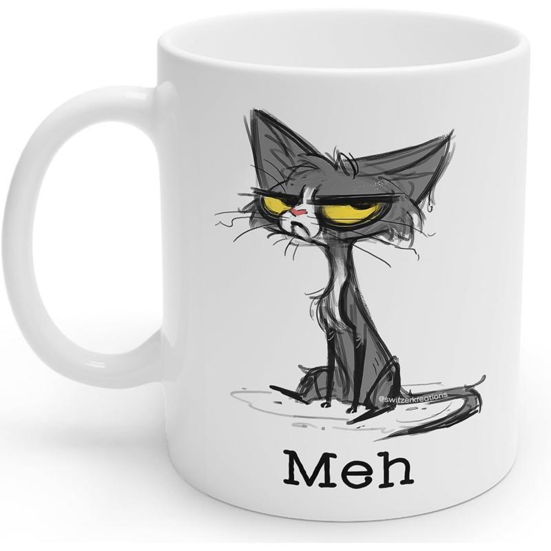 Tailorly White Ceramic 11 oz Mug - Meh Skinny Grumpy Black Cat With Messy Fur And Glowing Yellow Eyes Cat