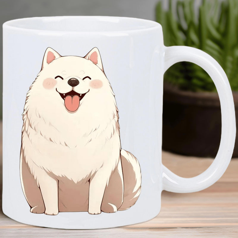 Tailorly White Ceramic 11 oz Mug - Fluffy White Smiling Canine Sitting Happily With Cheerful Expression Dog
