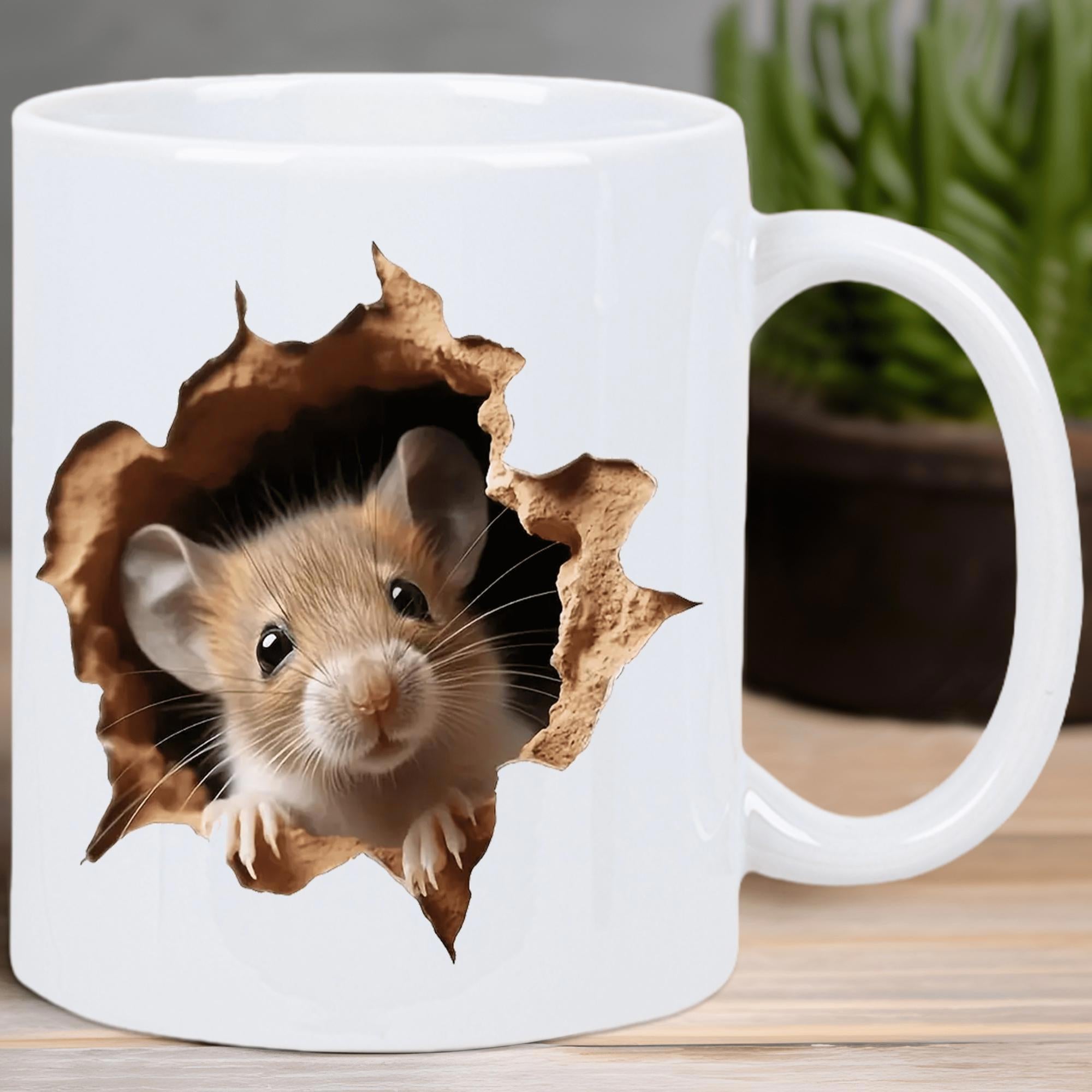 Tailorly White Ceramic 11 oz Mug - Cute Little Brown Rodent Peeking From A Realistic Torn Hole Effect Mouse