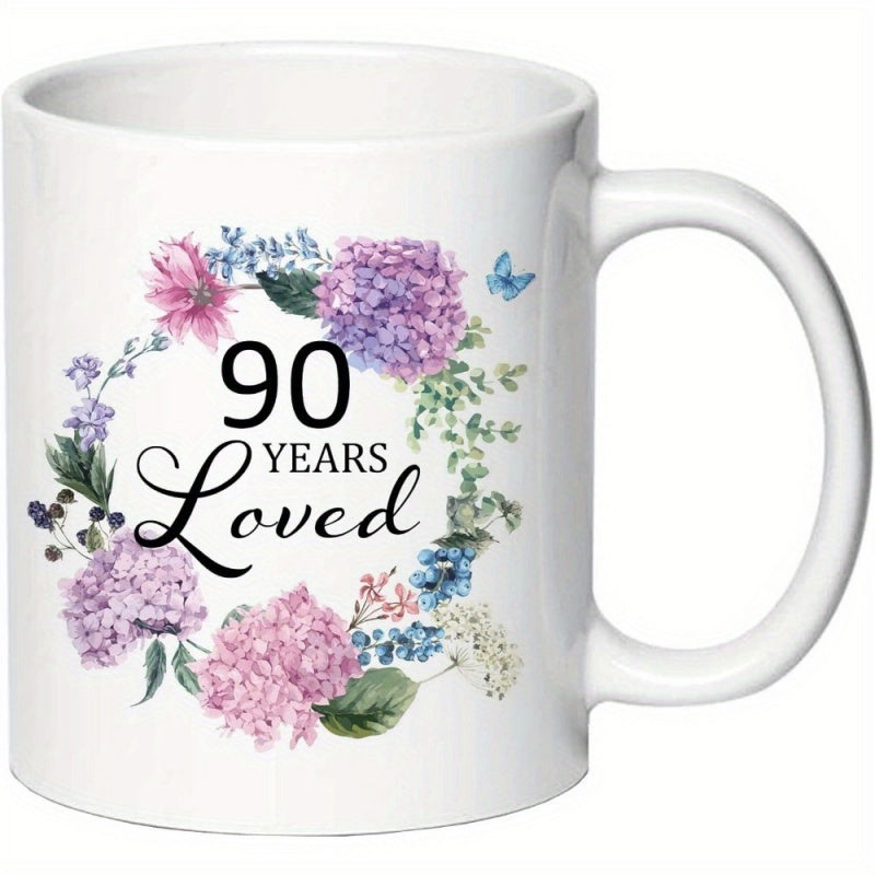 Tailorly White Ceramic 11 oz Mug - 90 Years Loved Elegant Watercolor Flowers And Butterflies Arranged In A Circular Decorative Wreath