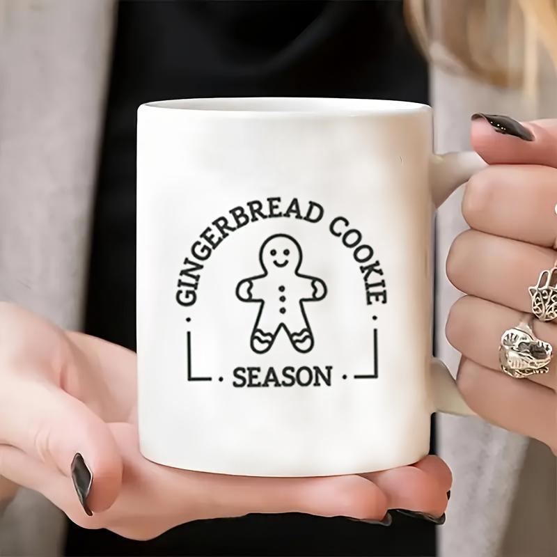Tailorly White Ceramic 11 oz Mug - Gingerbread Cookie Season Simple Black Line Drawing Of A Smiling Holiday Gingerbread Cookie