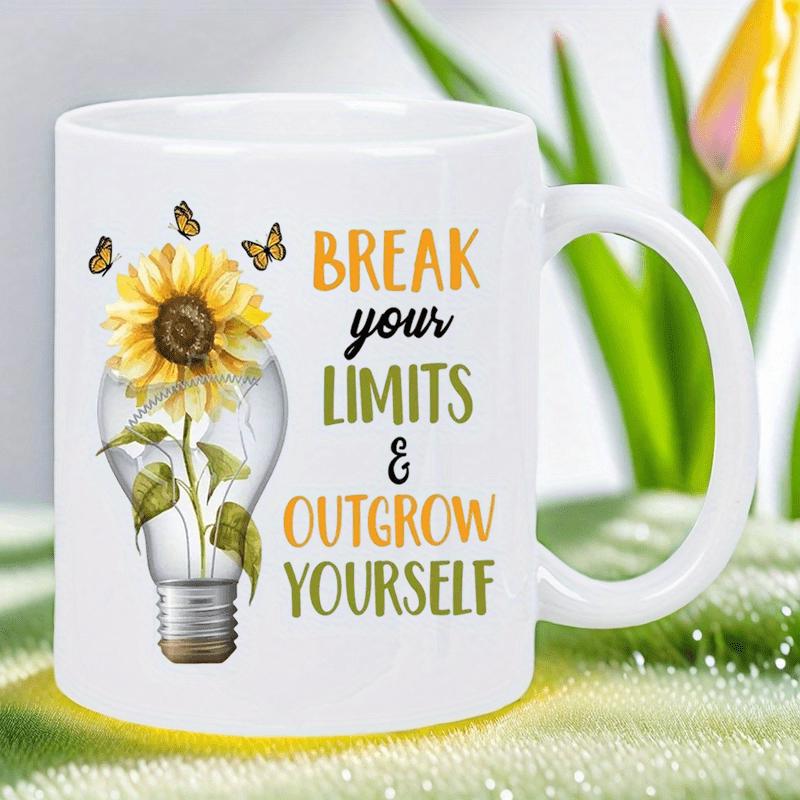 Tailorly White Ceramic 11 oz Mug - Break Your Limits Outgrow Yourself Radiant Sunflower Growing Inside Transparent Light Bulb With Small Butterflies Sunflower