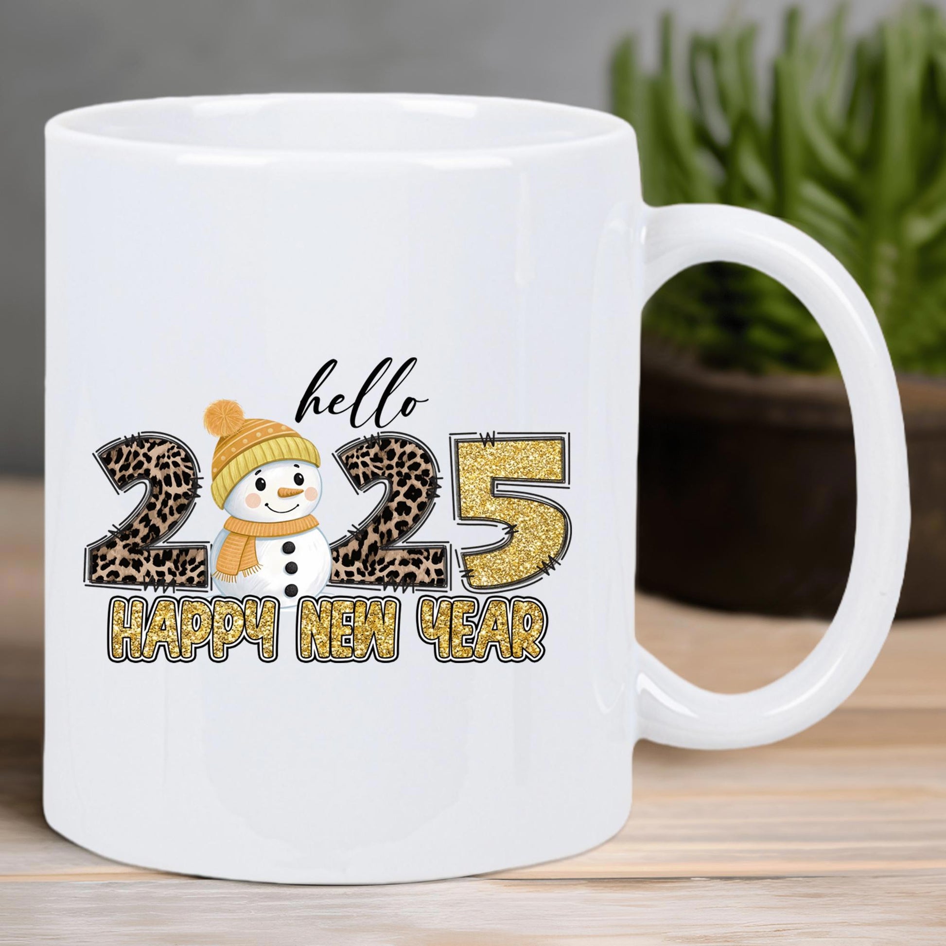 Tailorly White Ceramic 11 oz Mug - Hello 2025 Happy New Year Festive Winter Snowman Wearing Beanie Among Golden Leopard Patterned New Year Figures Snowman