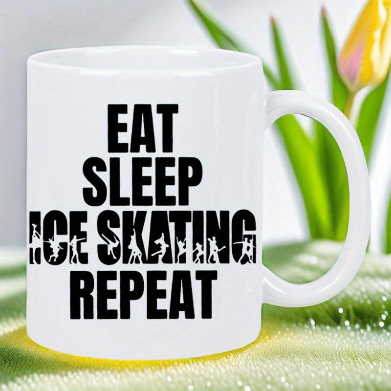 Tailorly White Ceramic 11 oz Mug - Eat Sleep Ice Skating Repeat Bold Black Lettering Featuring Tiny Elegant Figure Skater Silhouettes Mug