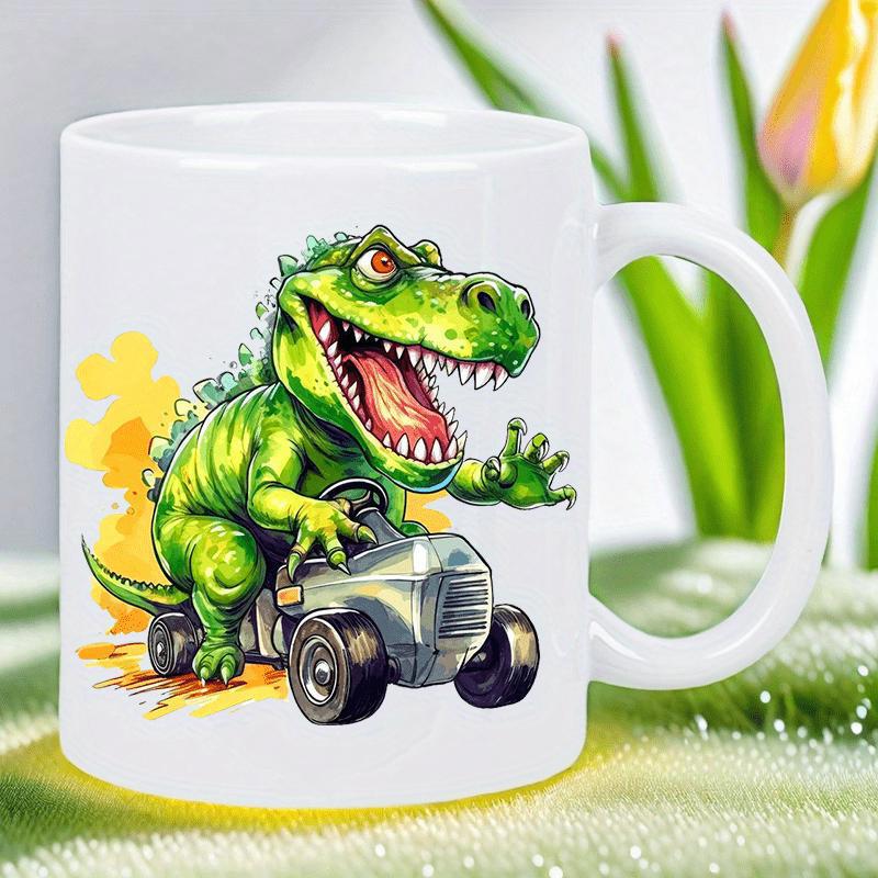Tailorly White Ceramic 11 oz Mug - Fierce Green Tyrannosaurus Riding A Vintage Farm Tractor Among Colorful Splashes Dinosaur