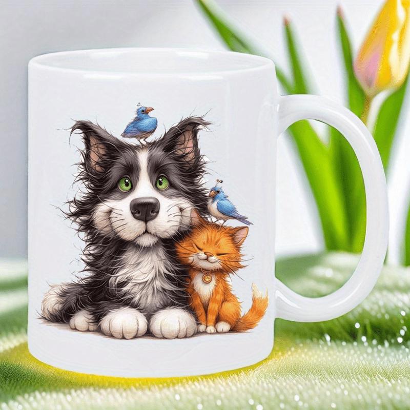 Tailorly White Ceramic 11 oz Mug - Adorable Fluffy Dog And Ginger Cat Resting With Tiny Blue Birds Pets