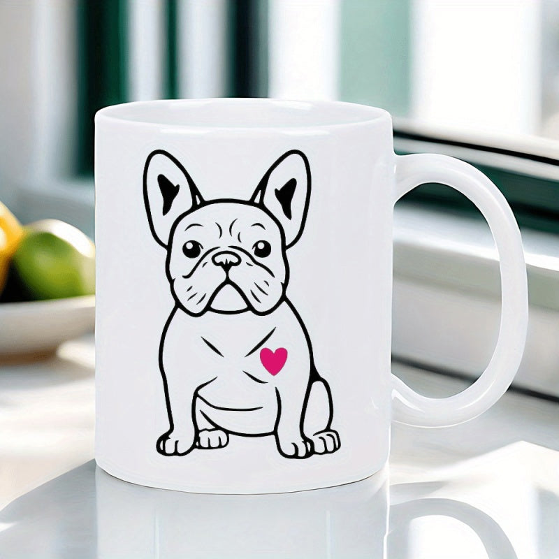 Tailorly White Ceramic 11 oz Mug - Minimalist Black Line Art Sitting French With Small Pink Heart Bulldog