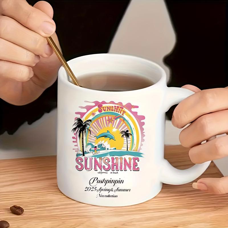Tailorly White Ceramic 11 oz Mug - Sunshine Sunset Postpartum New Fashion Vibrant Tropical Sun Setting Over Waves With Jumping Dolphin Among Palms Scene