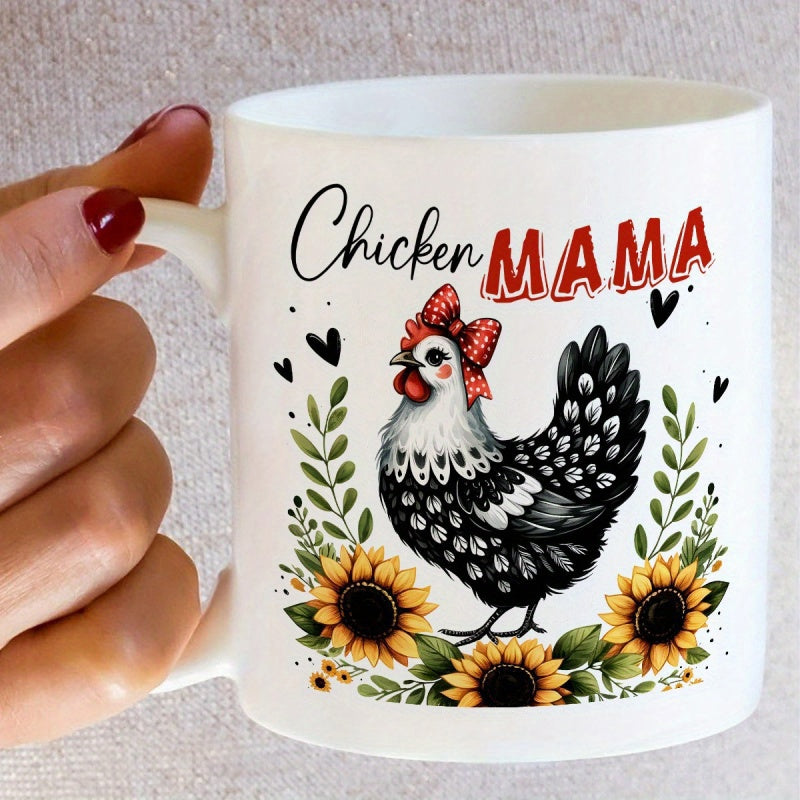 Tailorly White Ceramic 11 oz Mug - Chicken Mama Adorable Speckled Hen With Red Bow Surrounded By Bright Sunflowers Chicken