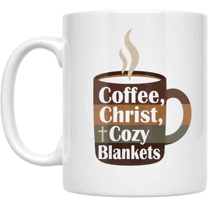 Tailorly White Ceramic 11 oz Mug - Coffee Christ Cozy Blankets Warm Brown Striped Cup With Rising Steam And Cross Symbol Mug