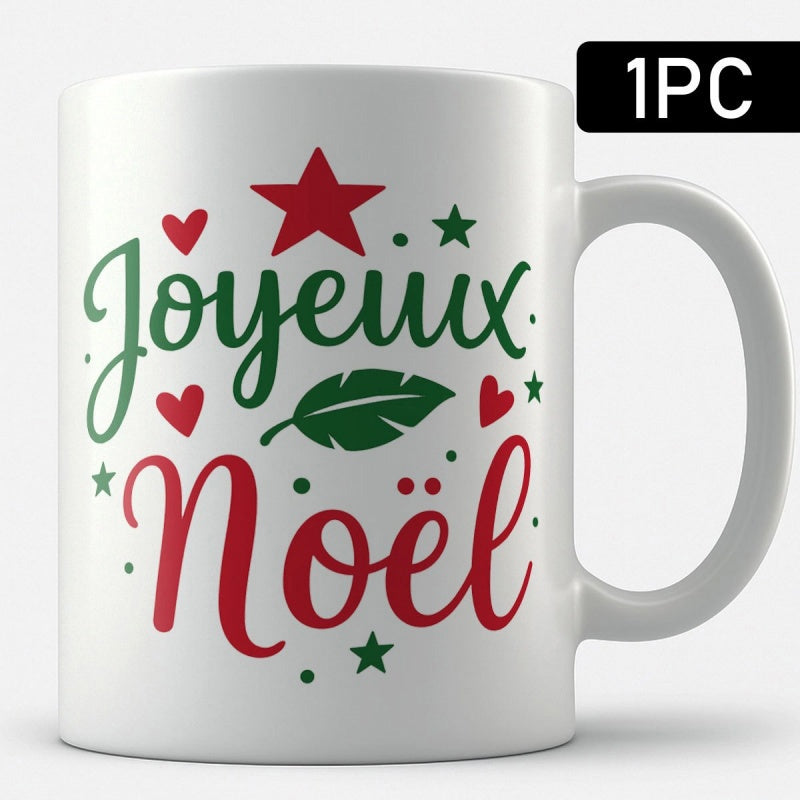 Tailorly White Ceramic 11 oz Mug - Festive Stars And Hearts With Green Leaf On