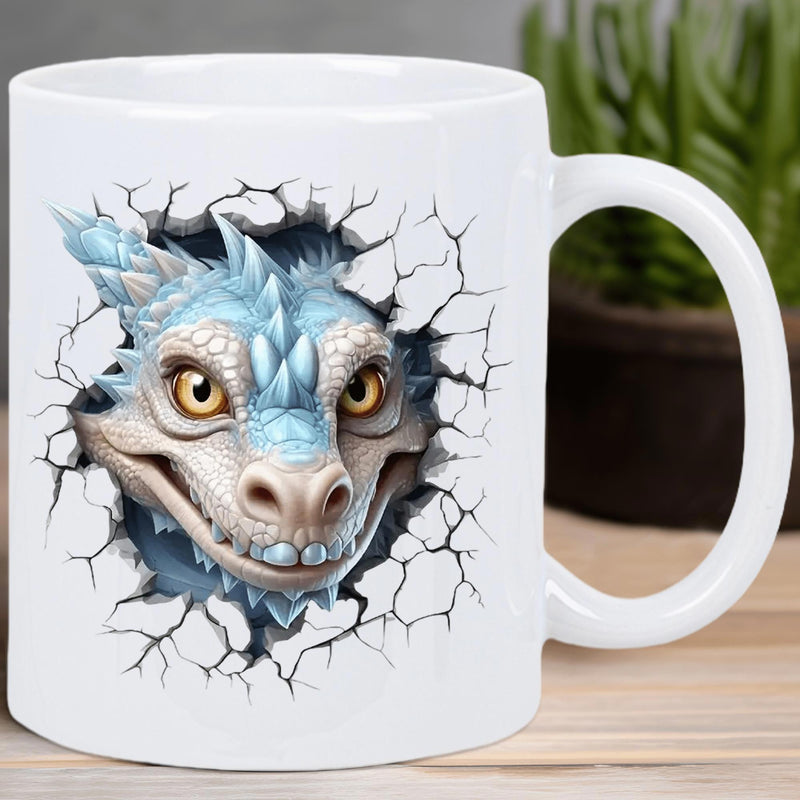 Tailorly White Ceramic 11 oz Mug - Mythical Blue Baby Creature Emerging From Shattered Stone Wall Surface Dragon