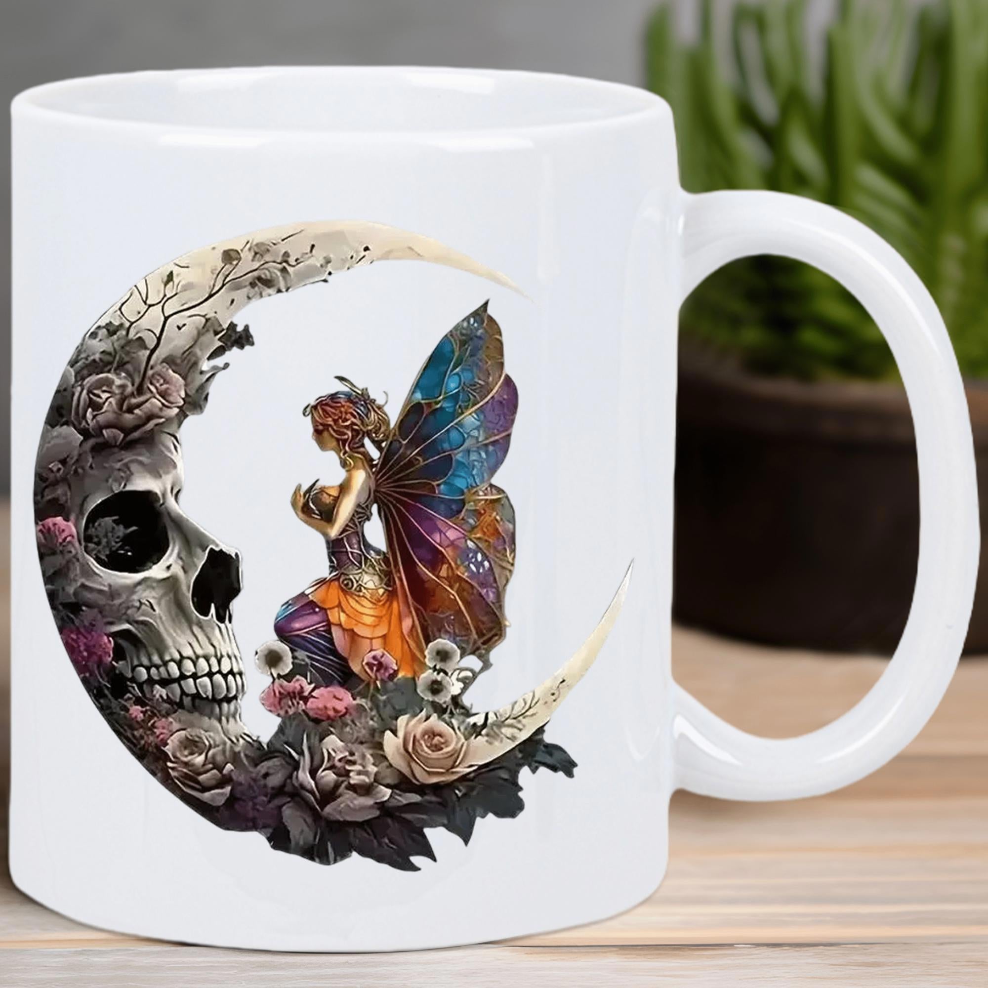 Tailorly White Ceramic 11 oz Mug - Mystical Crescent Moon Featuring Skulls Roses With Vibrant Winged Fantasy Fairy