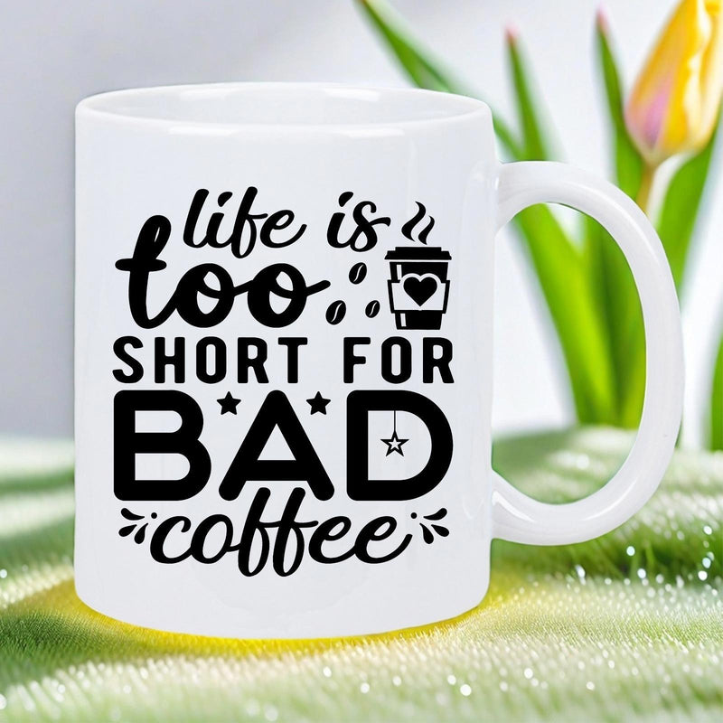 Tailorly White Ceramic 11 oz Mug - Life Is Too Short For Bad Coffee Simple Hand Drawn Style With Floating Beans And Stars Coffee Cup