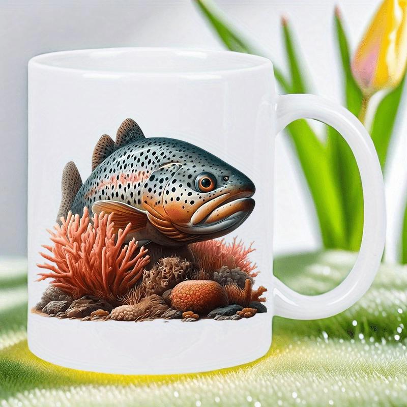 Tailorly White Ceramic 11 oz Mug - Detailed Spotted Rainbow Trout Swimming Among Vibrant Coral And Natural Stones Fish