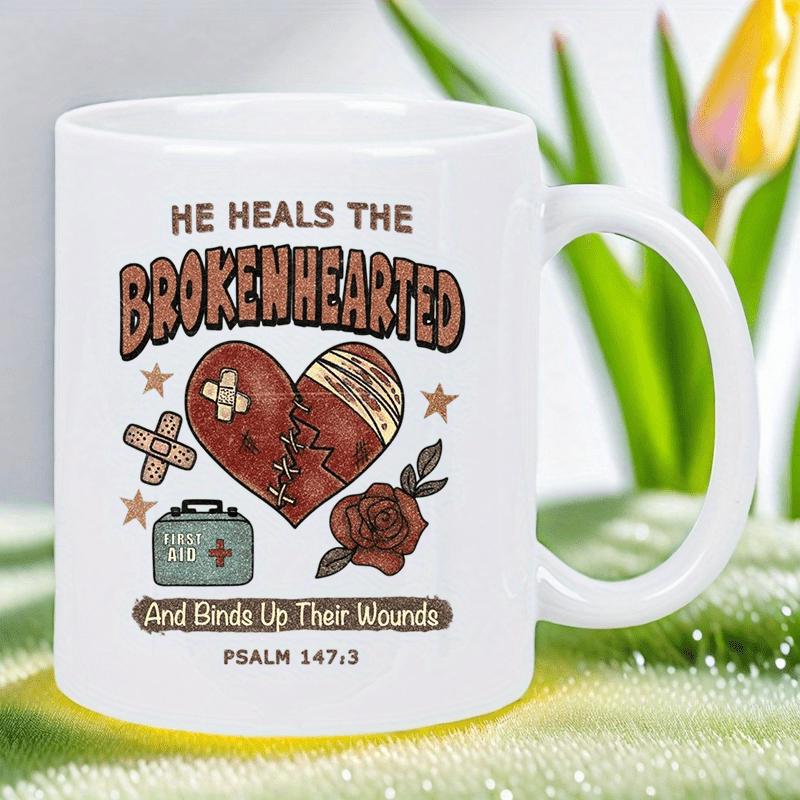 Tailorly White Ceramic 11 oz Mug - He Heals The Brokenhearted And Binds Up Their Wounds Psalm 147 3 Vintage Bandaged Heart Surrounded By Stars Rose And Medical Kit