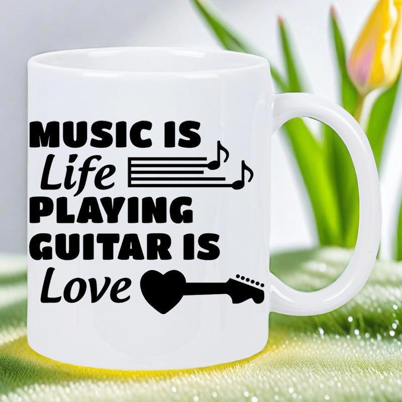 Tailorly White Ceramic 11 oz Mug - Music Is Life Playing Guitar Is Love Musical Notes Floating On Staff Near Heart Shaped Neck Guitar