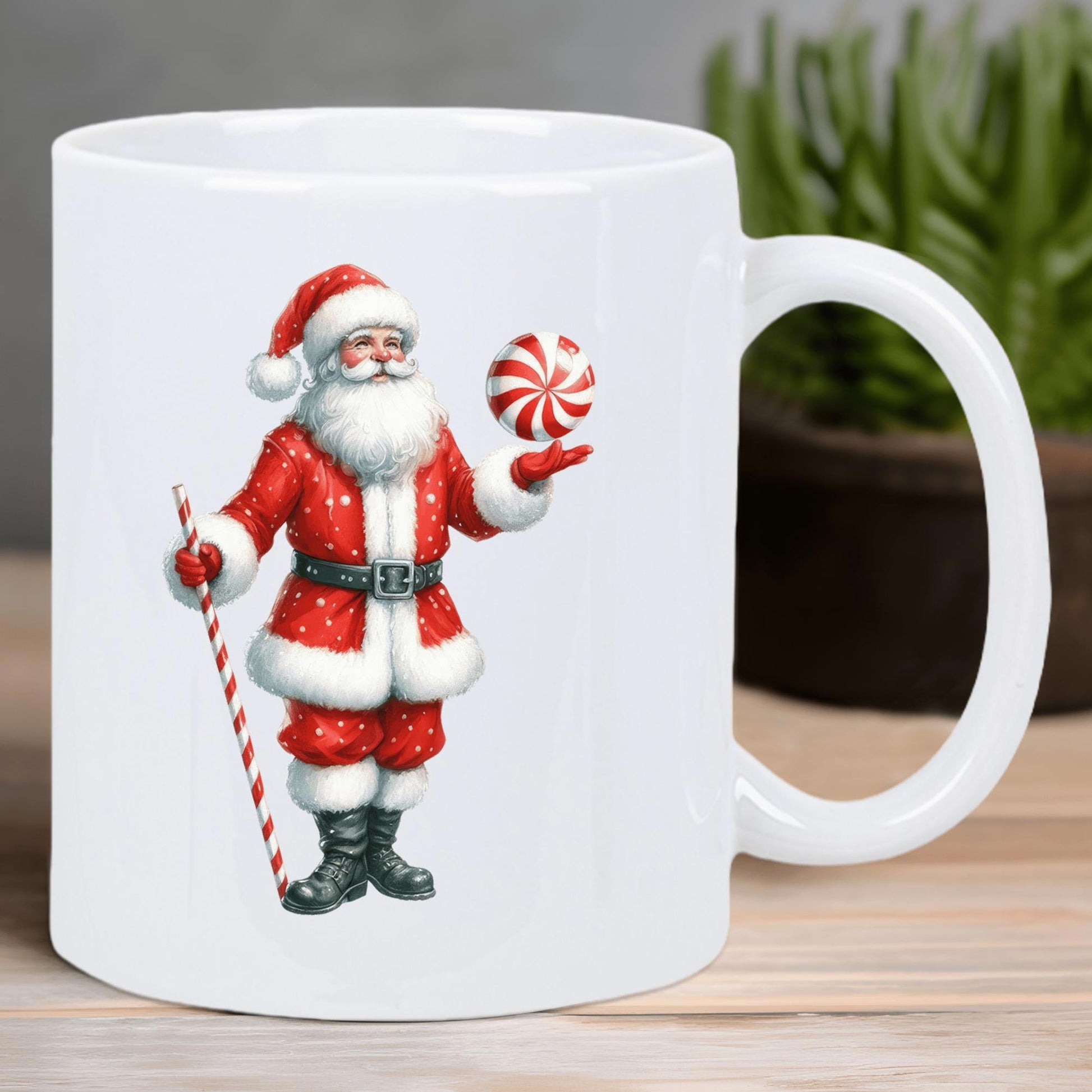 Tailorly White Ceramic 11 oz Mug - Traditional Red Suit Wearing Jolly Figure Holding Festive Candy Ornament Santa Claus
