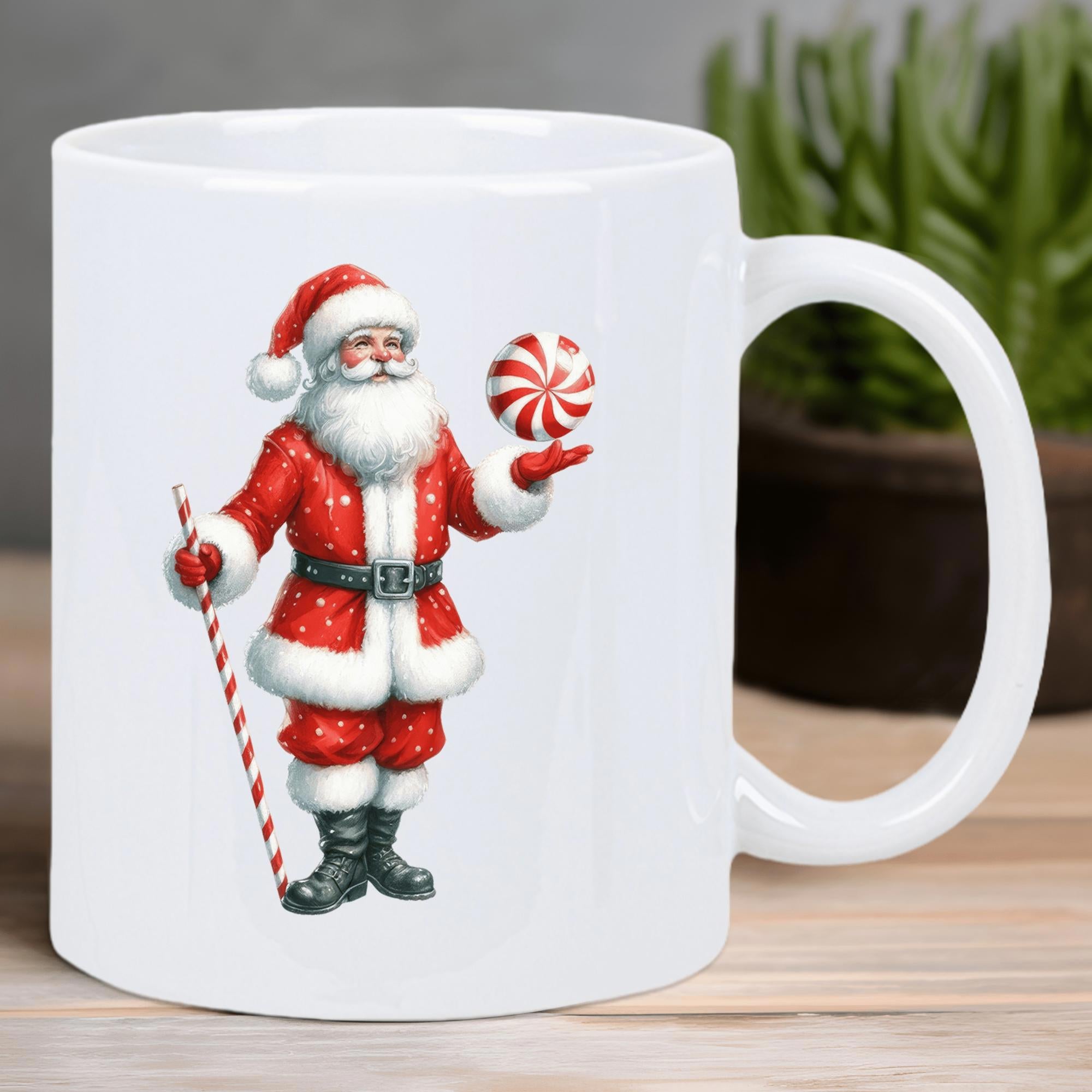 Tailorly White Ceramic 11 oz Mug - Traditional Red Suit Wearing Jolly Figure Holding Festive Candy Ornament Santa Claus