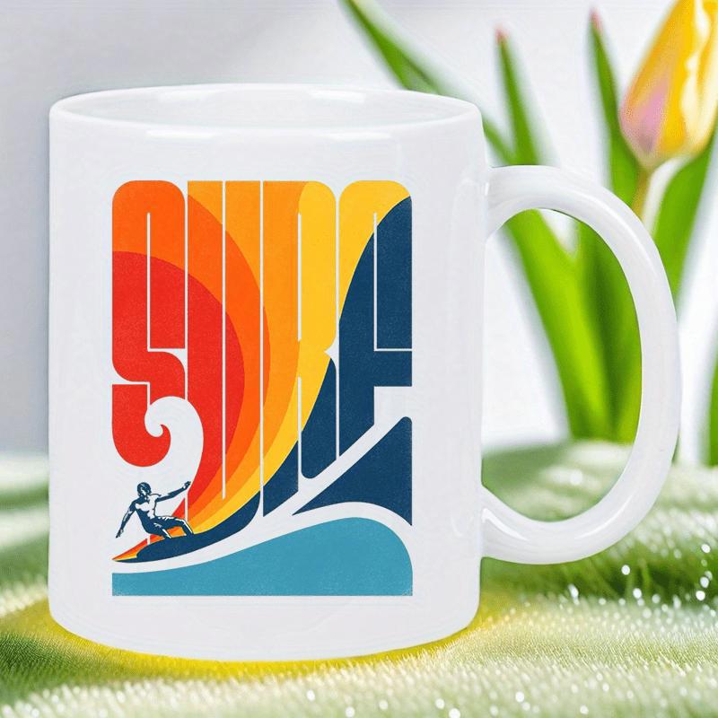 Tailorly White Ceramic 11 oz Mug - Surf Retro Colorful Vertical Stripes Overlapping A Silhouette Surfer Catching Rolling Waves Surfer