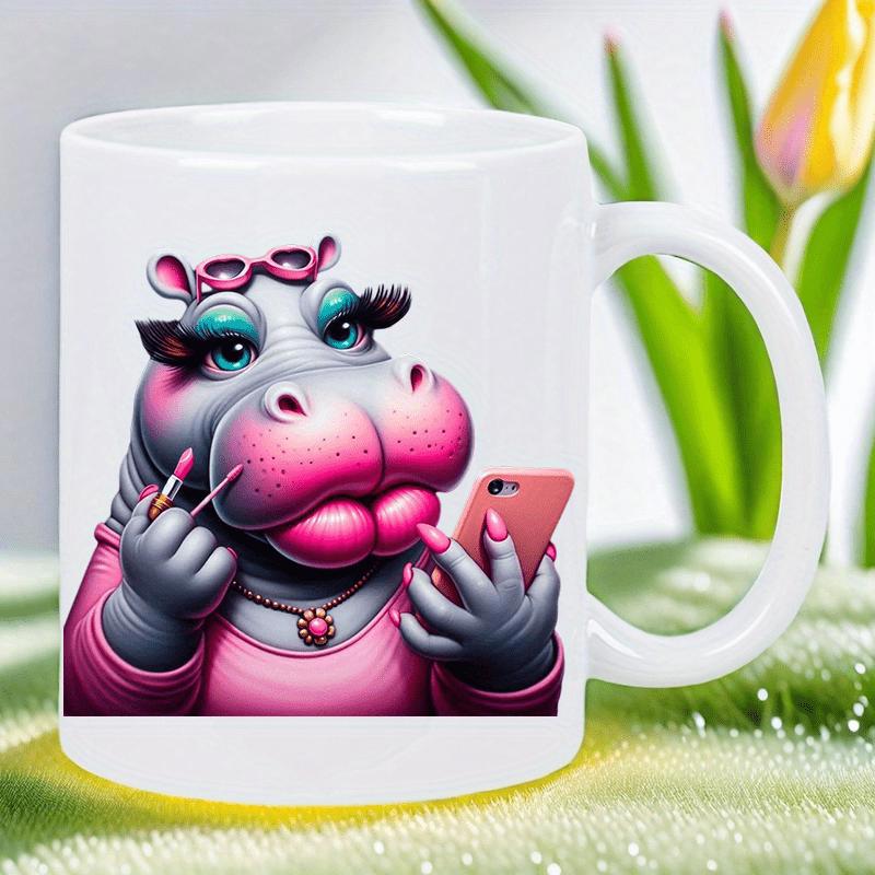 Tailorly White Ceramic 11 oz Mug - Glamorous Pink Hippo Applying Makeup While Holding A Modern Smartphone Hippo