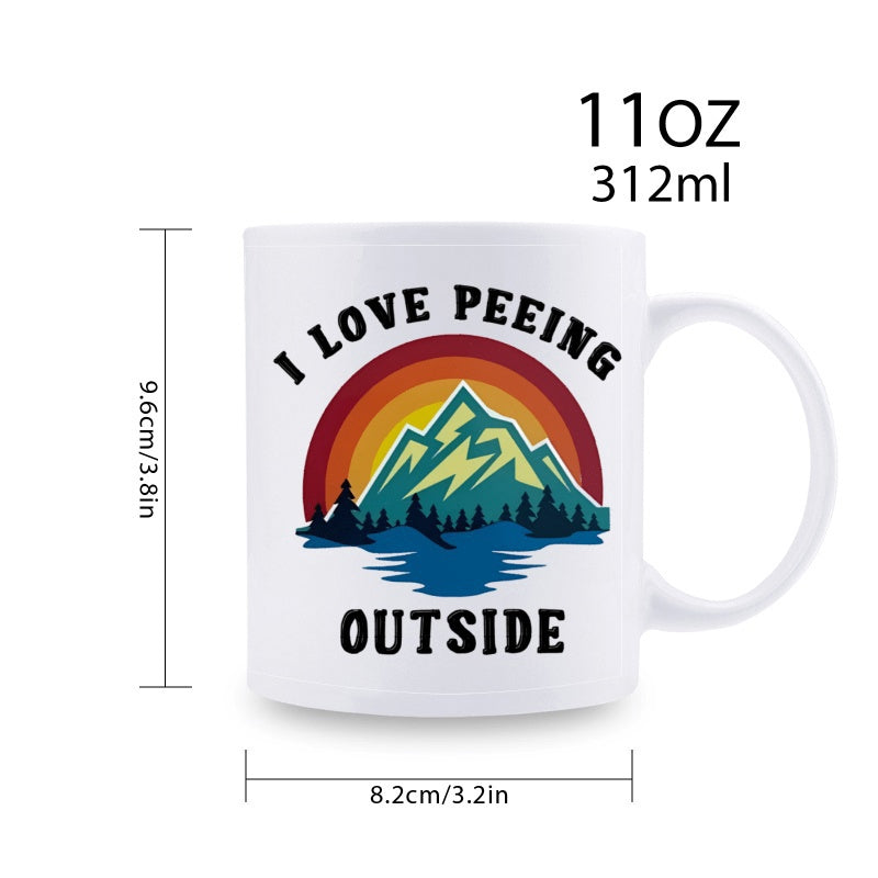 Tailorly White Ceramic 11 oz Mug - I Love Peeing Outside Retro Sunset Behind Majestic Mountain Peaks Reflection Over Forest Lake Mountain