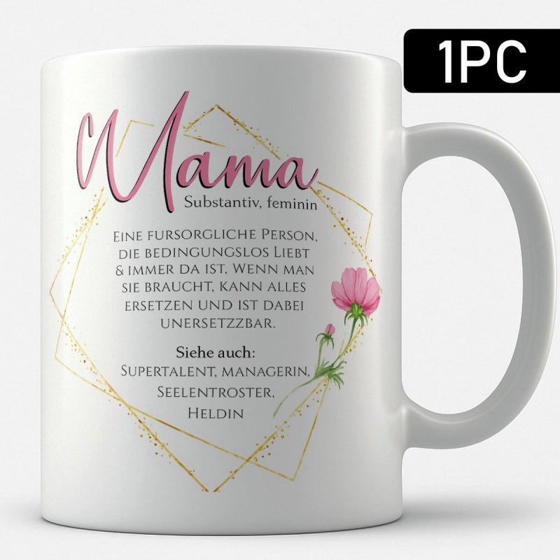 Tailorly White Ceramic 11 oz Mug - Mama Delicate Pink Flower Inside Golden Rhombus Frame With Artistic Lines Flower