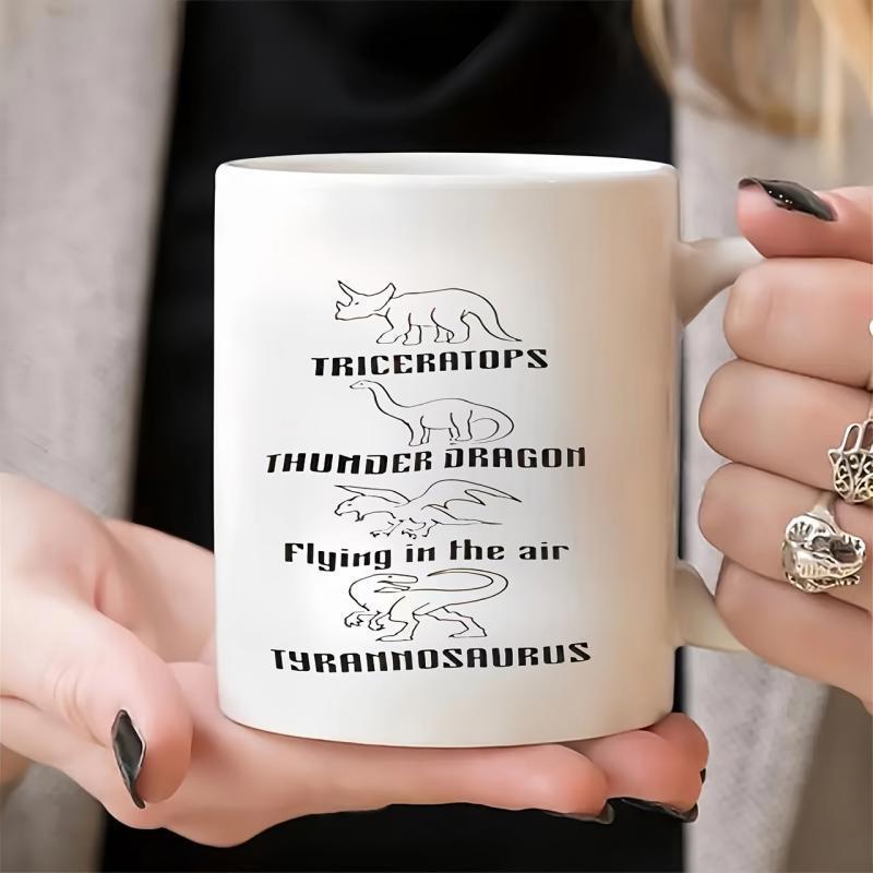 Tailorly White Ceramic 11 oz Mug - Triceratops Thunder Dragon Flying In The Air Tyrannosaurus Minimalist Black Line Art Sketching Various Prehistoric Ancient