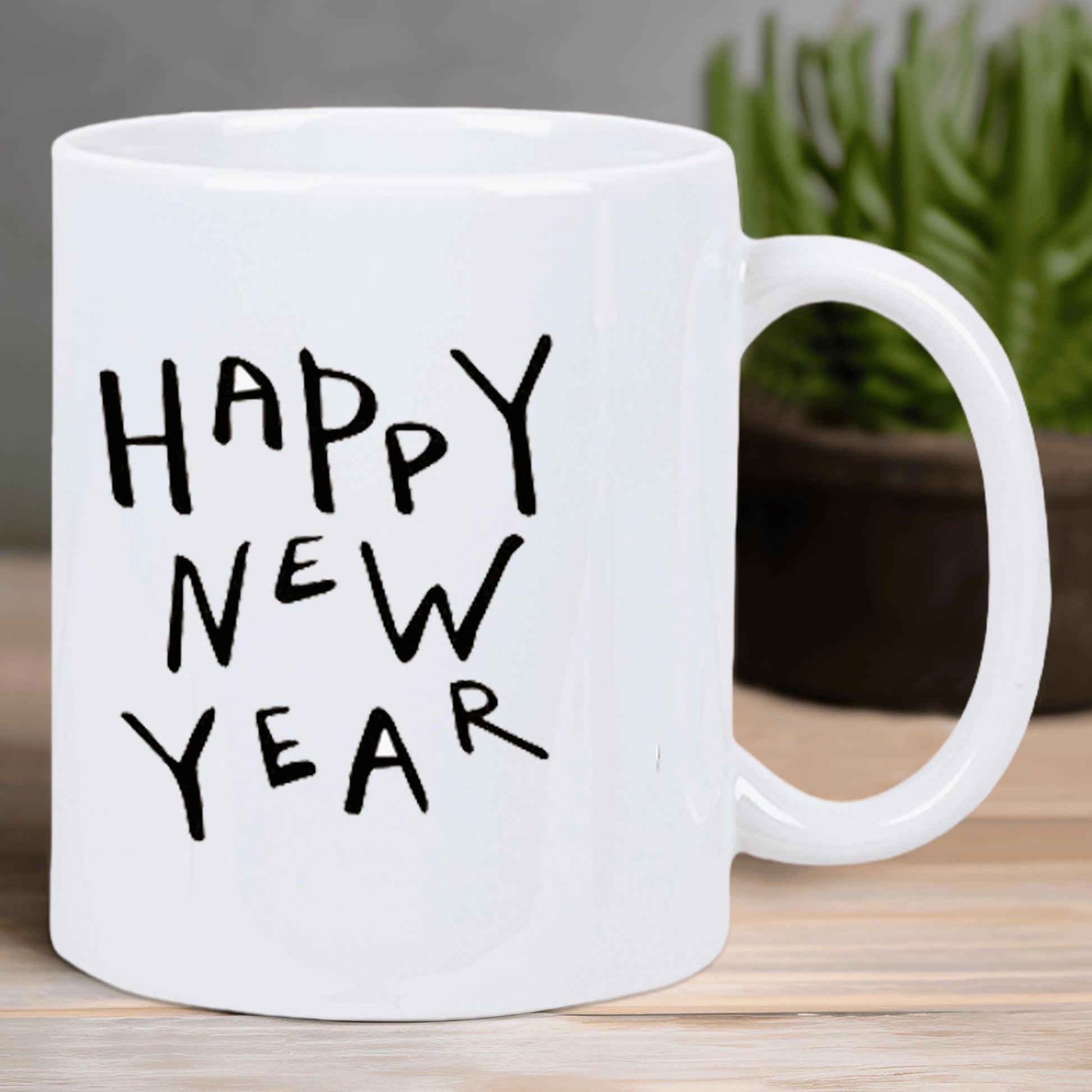Tailorly White Ceramic 11 oz Mug - Happy New Year Minimalist Black Handwritten Style Text On A Smooth