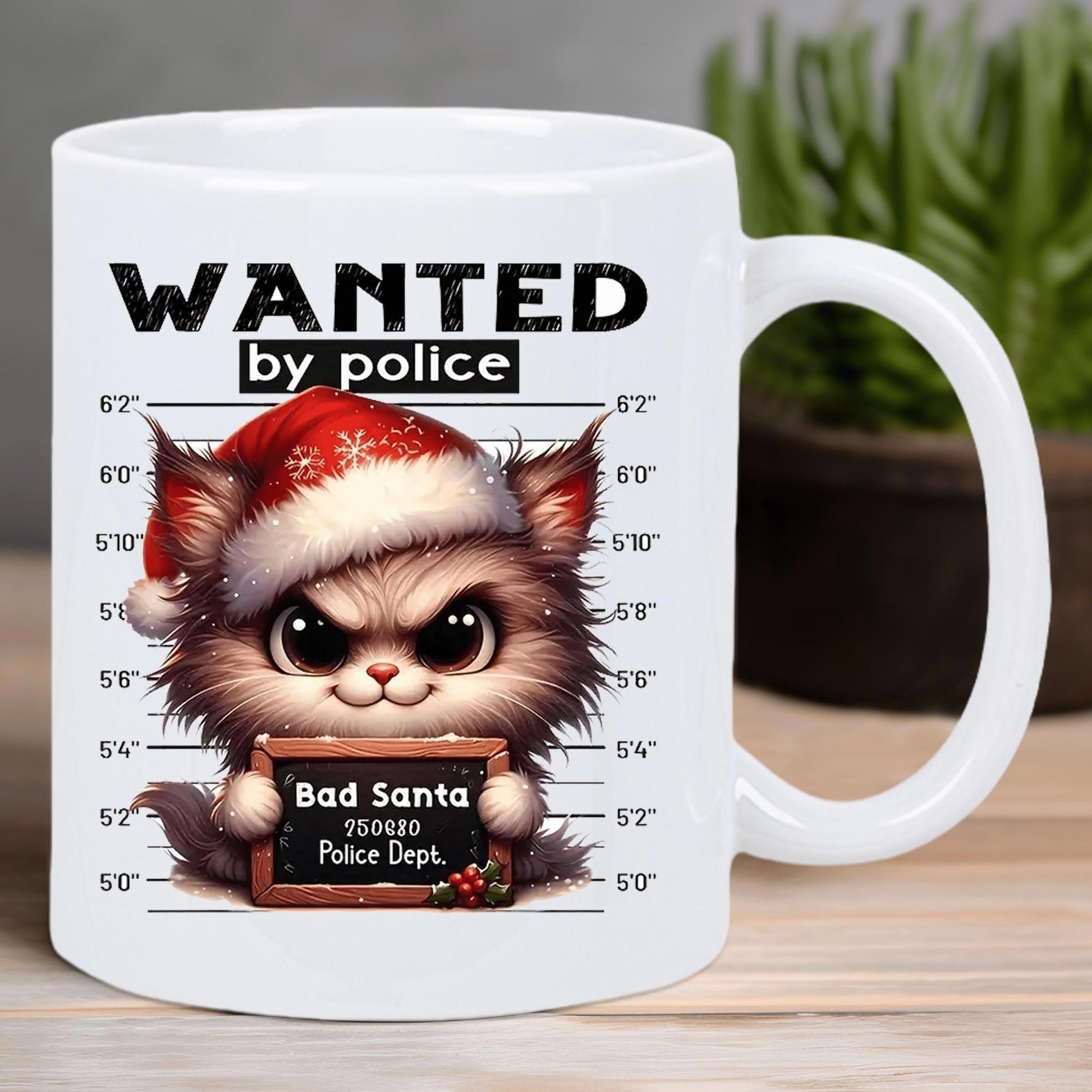 Tailorly White Ceramic 11 oz Mug - Wanted By Police Bad Santa Police Dept Fluffy Grumpy Christmas Cat Holding A Mugshot Sign For Holiday Humor Cat