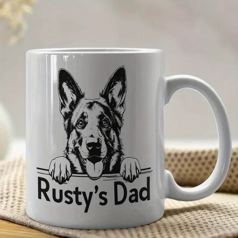 Tailorly White Ceramic 11 oz Mug - Rusty's Dad Artistic Sketch Of German Shepherd Peeking Over Minimalist Border Dog