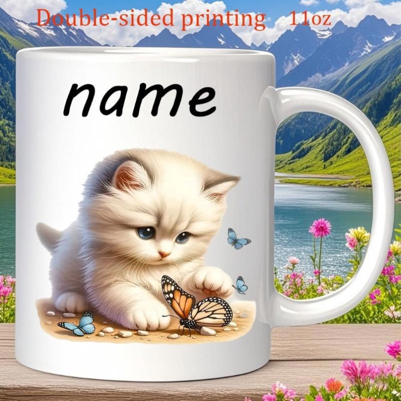 Tailorly White Ceramic 11 oz Mug - Name Fluffy White Pet Playing With Colorful Garden Butterflies Kitten