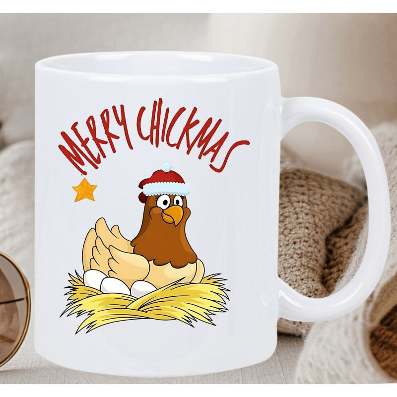 Tailorly White Ceramic 11 oz Mug - Merry Chickmas Cartoon Hen Wearing Santa Hat Resting In Nest With Eggs Chicken
