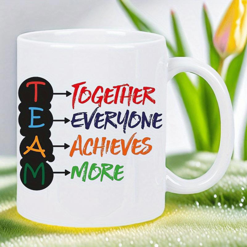 Tailorly White Ceramic 11 oz Mug - Together Everyone Achieves More Motivational Vertical Text Displayed In Bold Dark Circular Shapes Mug