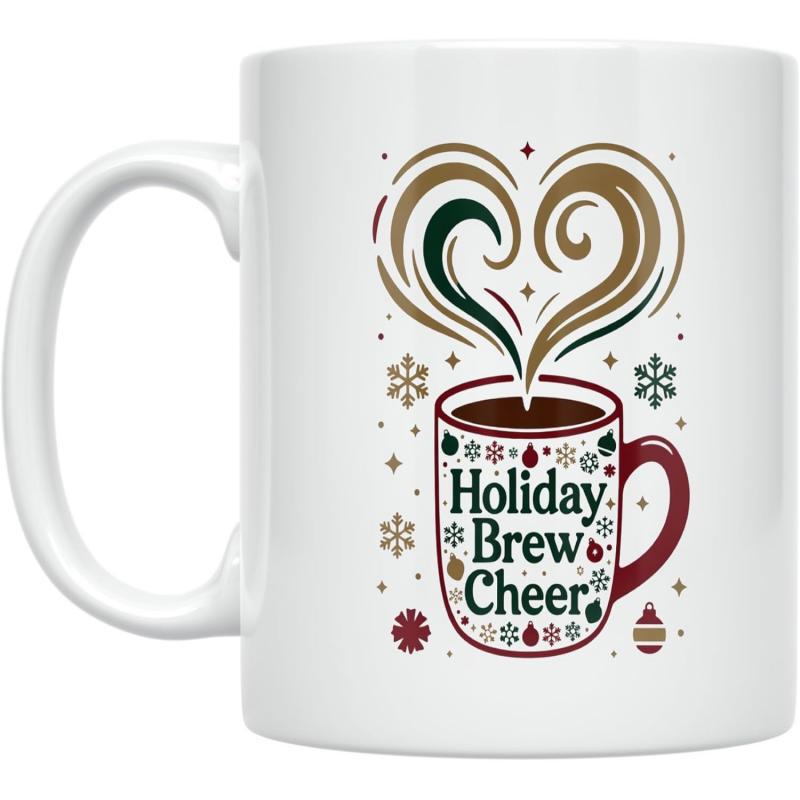 Tailorly White Ceramic 11 oz Mug - Holiday Brew Cheer Steaming Hot Beverage Inside Decorative Mug Surrounded By Delicate Winter Snowflakes Coffee