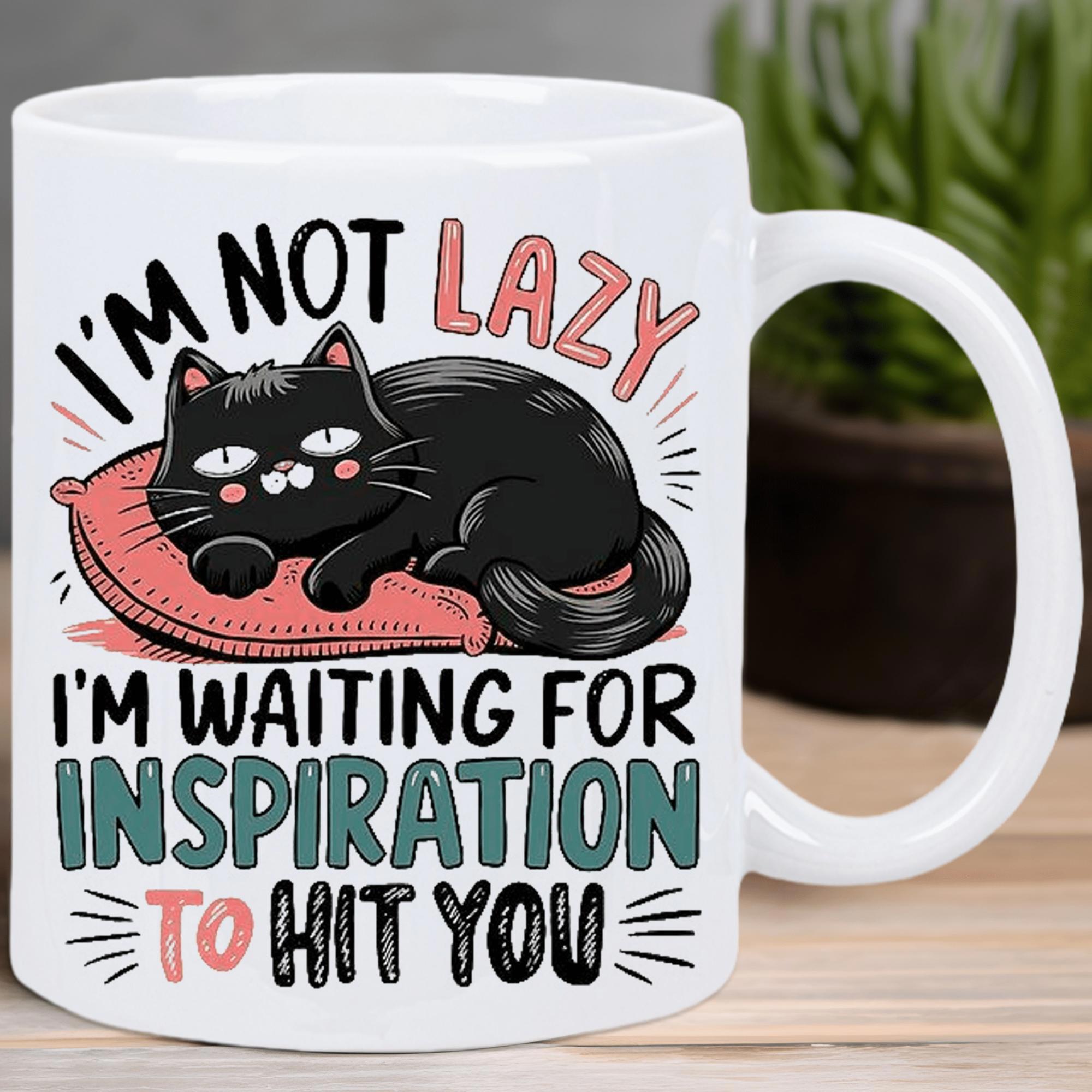 Tailorly White Ceramic 11 oz Mug - Im Not Lazy Im Waiting For Inspiration To Hit You Adorable Black Cat Resting On A Soft Pink Pillow Cat