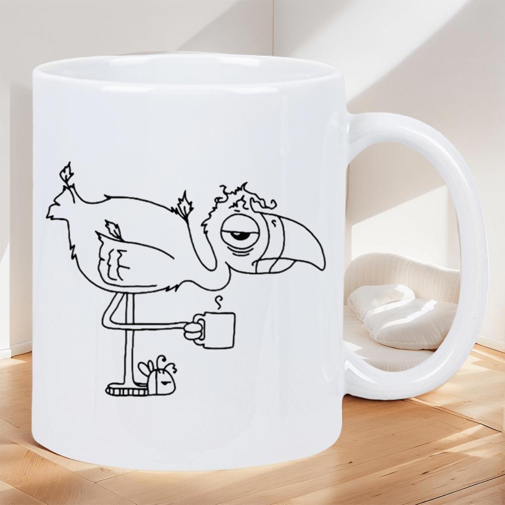 Tailorly White Ceramic 11 oz Mug - Grumpy Exhausted Bird Holding Steaming Morning Coffee While Standing On One Leg Flamingo