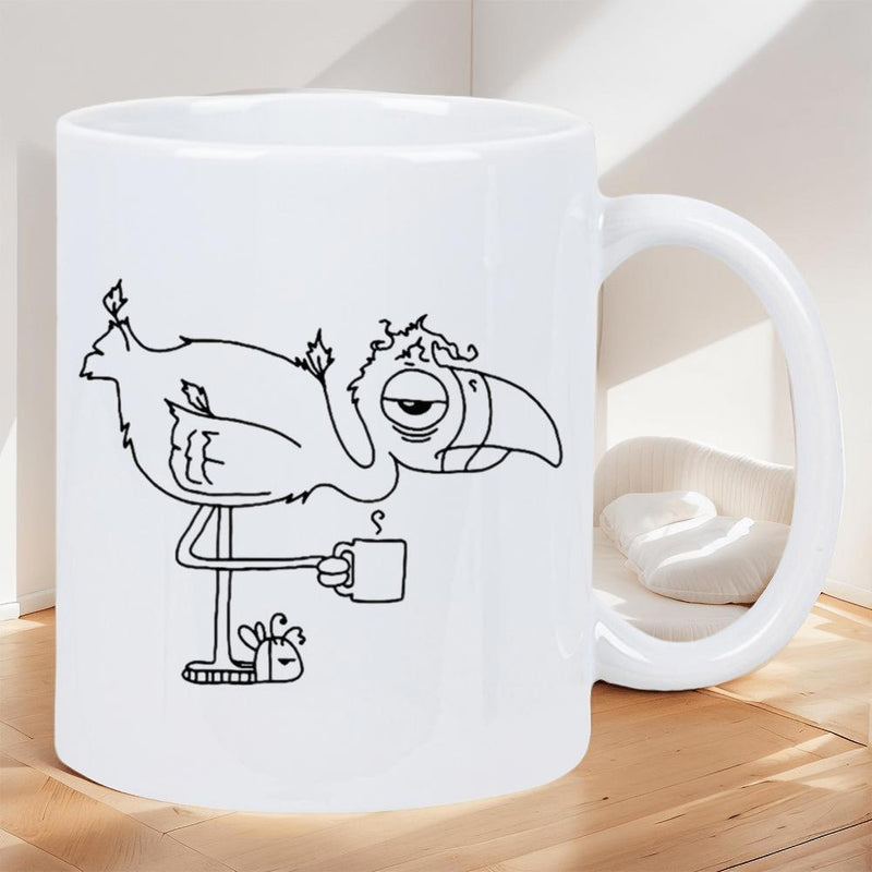 Tailorly White Ceramic 11 oz Mug - Grumpy Exhausted Bird Holding Steaming Morning Coffee While Standing On One Leg Flamingo