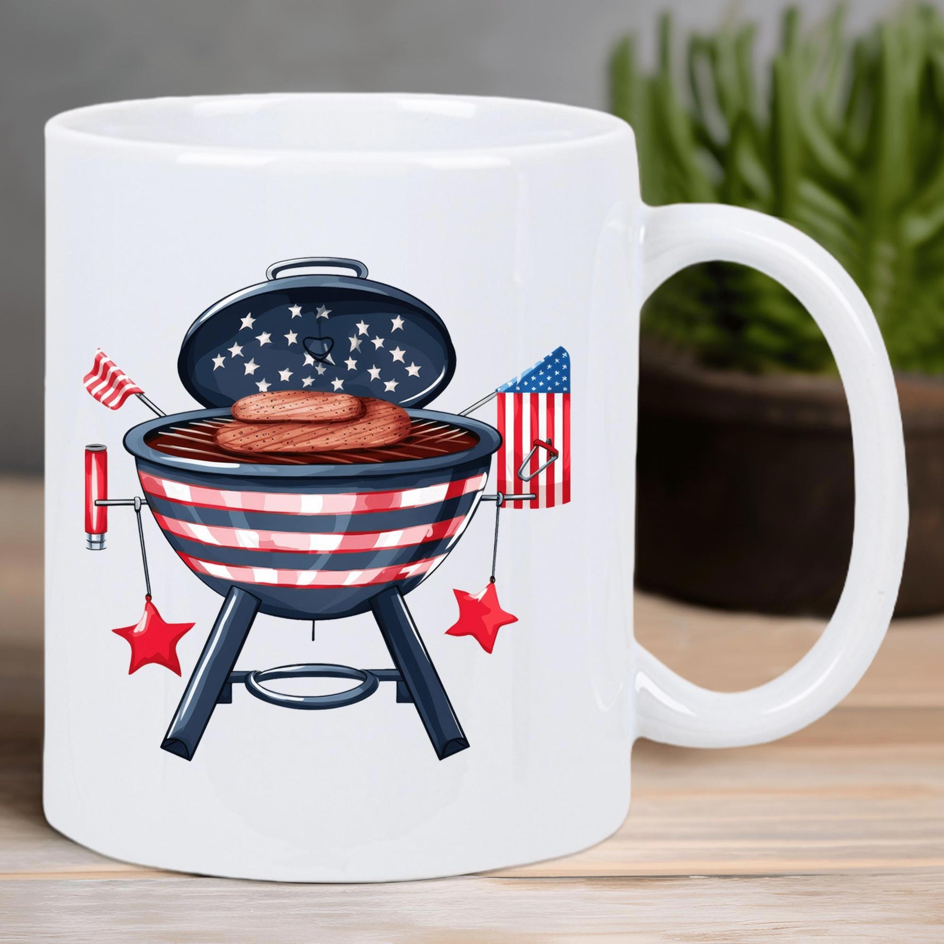 Tailorly White Ceramic 11 oz Mug - Festive Patriotic Charcoal Smoker Featuring American Flags Stars And Savory Sizzling Grill