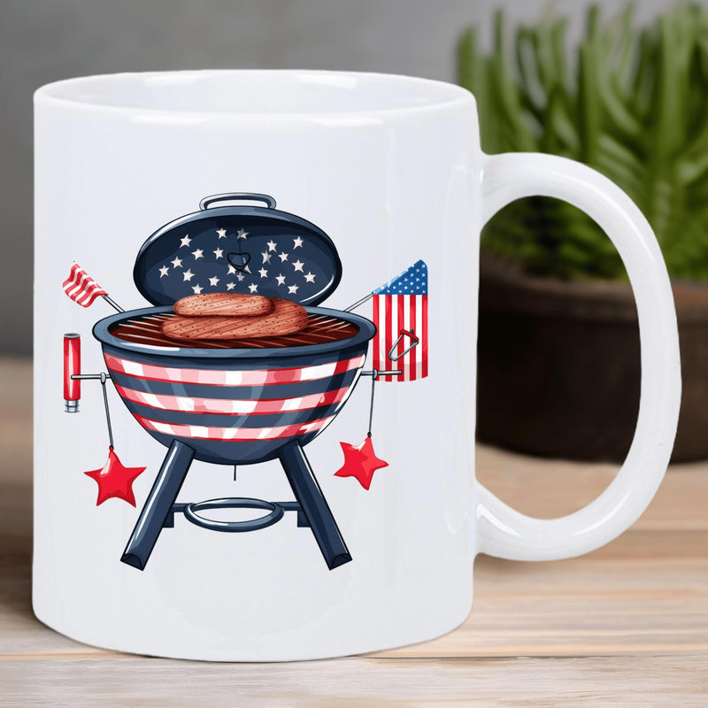 Tailorly White Ceramic 11 oz Mug - Festive Patriotic Charcoal Smoker Featuring American Flags Stars And Savory Sizzling Grill